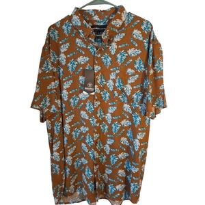 Molokai Surf Co Mens XXL Brown Blue Leaf Print Short Sleeve Button Up Shirt NWT